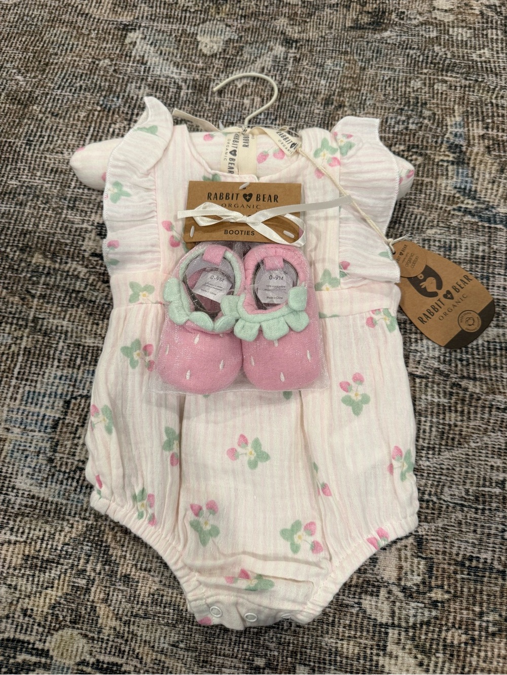Rabbit & Bear Organic Pink Berry Baby Romper with Strawberry Booties